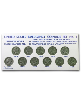 US Wartime Silver NIckels set circulated 1942-1945